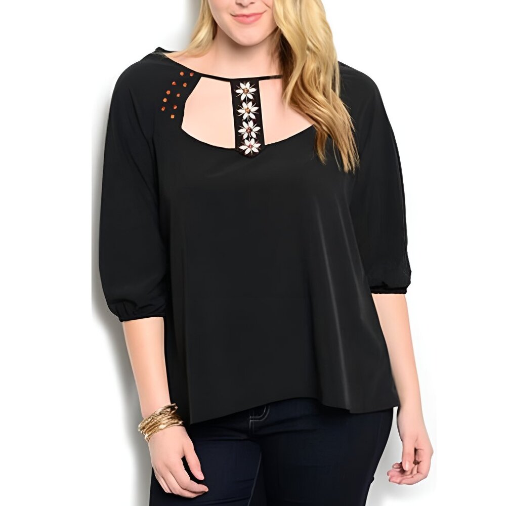 Wapi Ladies Top Beaded-Embellished-Neck Black Plus Size 1X NWT